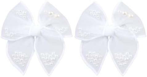 White Pearl Fable Hair Bow Clips for Girls Wedding 4" Mesh Tulle Ribbon Shaker Bow Alligator Hairpins Teens Women Pageant 1st Communion Party Dress Decor Accessory Gift by Miroksh