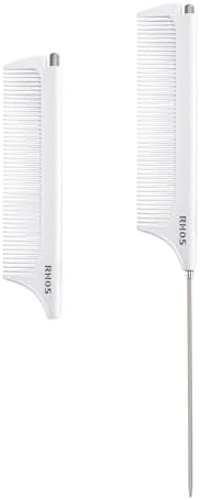 RHOS Carbon Retractable Rat Tail Parting Comb - Portable Fine Tooth Teasing Comb for Styling, Hair Cutting, Braiding with Stainless Steel Pin Tail - White by RHOS