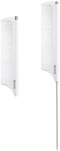 RHOS Carbon Retractable Rat Tail Parting Comb - Portable Fine Tooth Teasing Comb for Styling, Hair Cutting, Braiding with Stainless Steel Pin Tail - White by RHOS