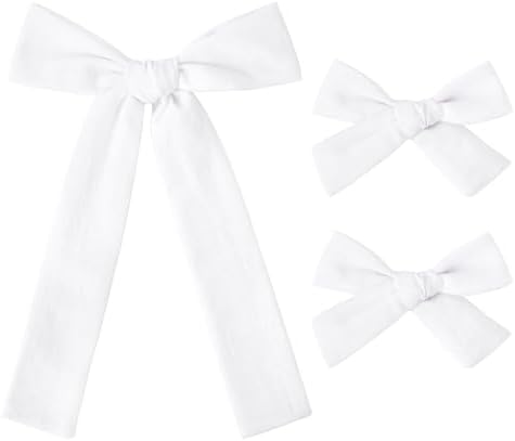 DEEKA White Cotton Linen Hair Bows 2 Sizes 5"&3.5" Soft Hair Bow set for Toddler Girls Long Ponytail Knot Bows Alligator Clip Hair Accessories for Little School Girls (White) by DEEKA