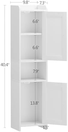 Bathroom Cabinet with 2 Doors, 7.3 x 9.8 x 40.4 Inches, Small Freestanding Storage Cabinet with Adjustable Shelf, Floor Cabinet for Small Spaces, Bathroom, Entrances, Kitchen, White - Image 3
