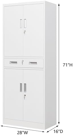Wanfu Metal Storage Cabinet, 71" H x 28" W x 16" D Locking Storage Cabinet with 2 Adjustable Shelves and 1 Drawer for Office, Garage, Home, School, Utility(White) - Image 3