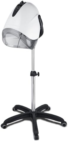1000W Professional Hooded Hair Dryer,Standing Blow Hair Dryer with Cap and Wheels,Temperature and time are Adjustable,Suitable for Salon and Home(White-Stainless Steel Column) by OIYALI