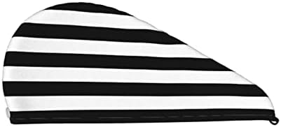 Black and White Stripe Hair Towel Wrap Microfiber Fast Drying Hair Turban with Buttons for Women Men Drying Curly, Long & Thick Hair - Image 2