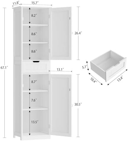 Iwell 66.9" Tall Bathroom Storage Cabinet with 2 Doors & 1 Drawer - Image 3