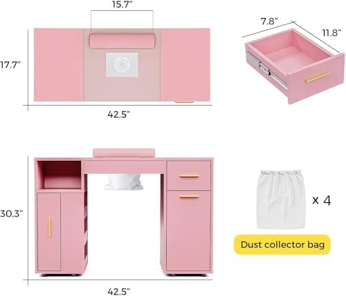 Manicure Table with Dust Collector, Glass Top and Wheels (Pink) - Image 3