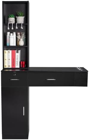 mefeir Wall Mount Hair Styling Barber Station Beauty Hair Salon Spa Equipment Set with 3 Tier Shelf, Lockable Drawer & Cabinet, Easy Assembled (Black) - Image 3