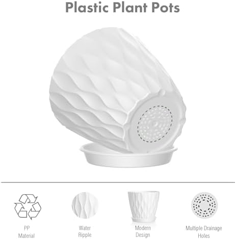 Meowell 4 inch Small Plastic Nursery Pots, 5 Pack Water Ripples Plant Pots for Indoor Plants, Flower Pots with Drainage Holes and Saucers, Seedling Starter Planters for Succulent Plants, White - Image 4