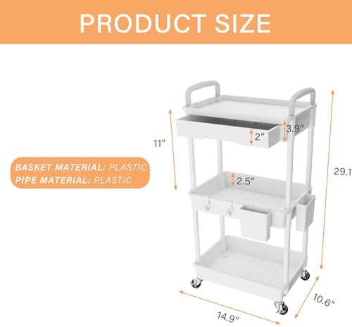 3 Tier Rolling Utility Cart with Drawer,REBECAT Utility Cart Made of Multifunctional Storage Organizer Tool for Kitchen,Bathroom,Living Room,Office(White) - Image 5