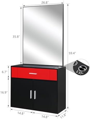 Winado Wall Mount Barber Salon Station with Mirror and Storage Cabinet - Image 3