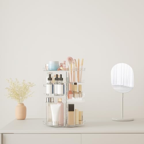 Rotating Makeup Organizer, DIY 8 Adjustable Layers Spinning Skincare Storage, Cosmetic Display Case with Brush Holder and Perfume Tray, Multi-Function Vanity Bathroom Countertop Organizer Clear - Image 4