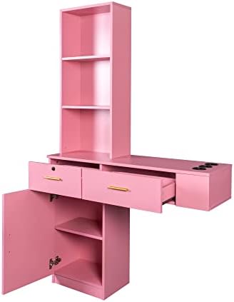 KIMAKA Wall Mount Barber Stations, Modern Simple Hair Styling Salon Equipment W/ 3 Open Shelves, Lockable Left Shelf (Pink) by Unknown