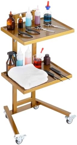 VEVOR Multifunctional 2 Tiers Foldable Medical Trolley Carton Wheels, Gold 2-Level Mobile Storage Tray Cart, Stainless Steel Rolling Lab Cart for Dental Tools, Cavitation Machine, Salon, Lab, Clinic by VEVOR
