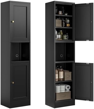 Bevivog Metal Bathroom Storage Cabinet Freestanding, 67" Tall Narrow Pantry Cabinet with Shelves for Kitchen, Skinny Metal Pantry with Hutch, 16" Wide Slim Cabinet for Small Spaces by BevivogStylishCabinetsOrganizeYourSpace