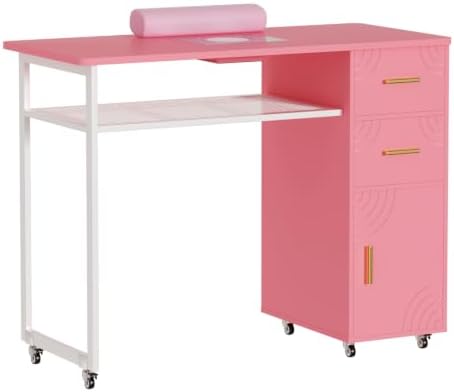 Manicure Table Nail Desk with Dust Collector & Wheels (Pink) by Oakvera