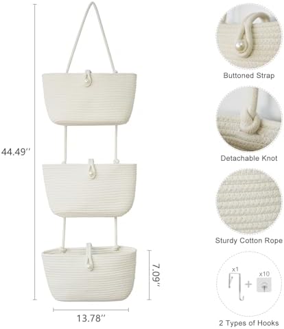 TeoKJ 3-Tier Hanging Baskets for Storage with Pearl Button Strap, Over The Door Storage Baskets for Bathroom, Bedroom, Closet, Door Storage Organizer for Decoration, White - Image 2