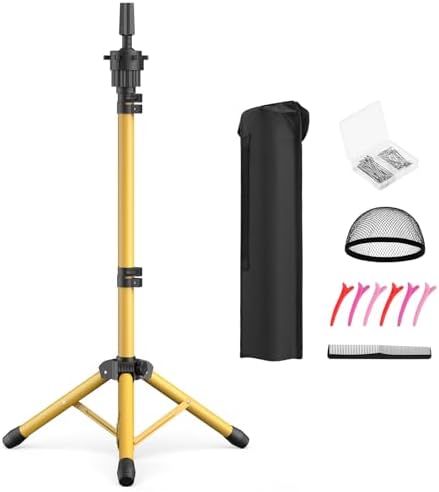 Wig Head Stand 50 Inches, Height Adjustable Tripod Wig Stand, Salon Mannequin Head Stand with Anti-Slip Base for Styling, Wig Display Barber Training, Beauty School​ (Gold) by Unknown