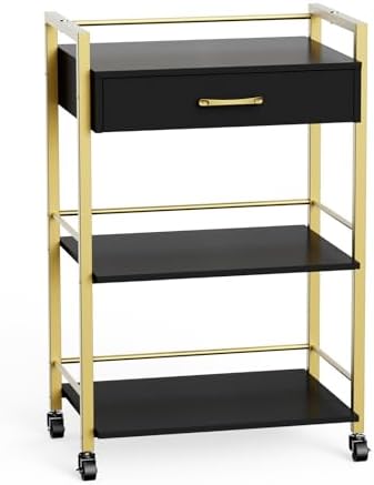 mefeir Salon Trolley Cart for Beauty SPA, Wooden Rolling Storage Station, Mobile Utility Cabinet with 1 Drawer 2 Trays, Medical Esthetic Supply Holder for Massage Tattoo Facials, Black Gold by OmySalon