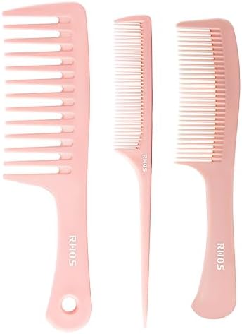 RHOS 3 Pieces Hair Comb Set for Women,Men-Wide Tooth Comb,Fine Tooth Rat Tail Comb,Medium Tooth Comb-Detangling Hair Combs for All Hair Types,Hair Styling Comb Set(Pink) by RHOS