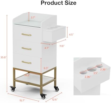 4-Tier Salon Station for Hair Stylist,White Beauty Barber Storage Station w/Glass Top, 3 Drawers, Hair Dryer Holders, Lockable Wheels for Barber Station, Salon Storage Equipment - Image 4