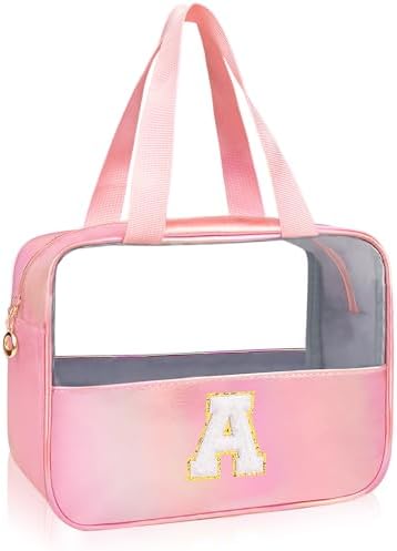 Initial Clear Makeup Bag Personalized Pink Clear Cosmetic Bag, Cute Large Make Up Bags Organizer Bag, Travel Toiletry Bag for Women Girl Gifts A (Pink) by junesters