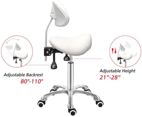 Antlu Saddle Stool Chair with Back Ergonomic Rolling Esthetician Seat for Salon Tattoo Shop Spa Dentist Clinic (Adjustable Backrest, White) - Image 5