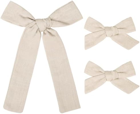 DEEKA Beige Cotton Linen Hair Bows 2 Sizes 5"&3.5" Soft Hair Bow set for Toddler Girls Long Ponytail Knot Bows Alligator Clip Hair Accessories for Little School Girls (Beige) by DEEKA