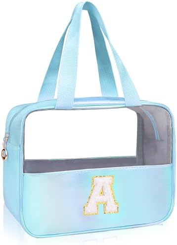 Personalized Initial Clear Makeup Bag Blue Cosmetic Bag Set Large Travel Toiletry Bag, Cute Clear Make Up Bags Organizer Bag for Girlfriend Teacher Gifts Teen Girl Gifts Trendy Stuff A (Blue) by junesters