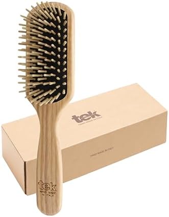 TEK | Rectangular Wooden Hair Brush Medium with Short Rounded Teeth in Natural Ash Wood, Ideal for Detangling, Styling and Daily Care of Short and Medium-Lenght Hair | 22x5.5cm | Handmade in Italy by Tek