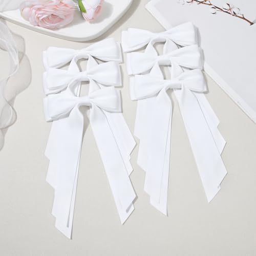 6PCS White Hair Bows, Large Ribbon Bow Hair Clips for Girls Women Cute Ponytail Holder Accessories for Toddlers Kids Teens - Image 2