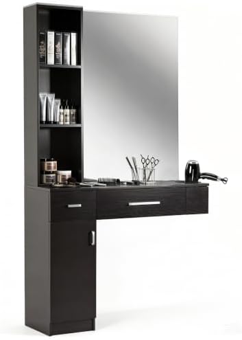 BarberPub Wall Mount Hair Styling Station with Mirror Beauty Salon Spa Equipment Set with 3 Hair Dryer Holders 3036 (Black) by BarberPub