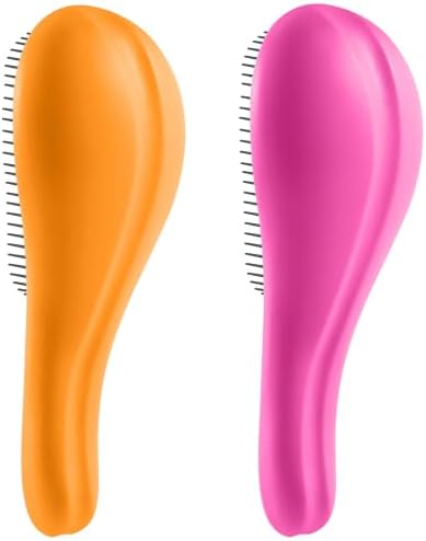 Detangling Hair Brush Set - 2 Pack Detangler Hairbrush with Ultra Soft Bristle for Effortless Tangle Removal - For Dry Wet Damaged Curly Hair for Men Women Girls Boys Kids - Orange & Pink by Aussumy