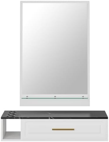 Wall Mount Barber Station with Mirror, Mounted Salon Station Styling Station w/Drawer, Dryer Holders & Glass Shelf, Beauty Barber Spa Equipment for Hair Stylist(White-New) - Image 3