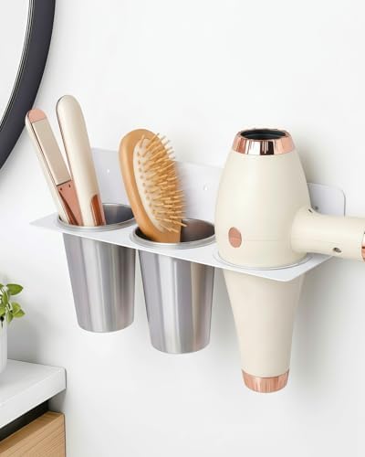Hair Tool Organizer Wall Mount, Aluminum Alloy Curling Iron Holder Wall Mount, Hair Dryer and Straightener Holder with 2 Stainless Steel Cups 3-in-1 Storage for Bathroom Vanity Salon White PTALSEAW by PTALSEAW-PortableDryerHolder
