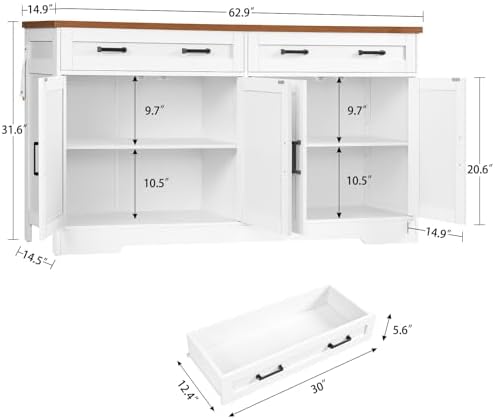 usikey 63" Buffet Cabinet with Storage, Sideboard Cabinet with 2 Adjustable Shelves and 4 Doors, Modern Farmhouse Coffee Bar Cabinet for Kitchen, Living Room, White - Image 3