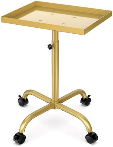 Salon Rolling Tray Hair Stylist Tray Cart, Tattoo Tray Dental Tray Adjustable Height, Metal Service Tray Trolley, Medical Storage Tray Cart Rolling Trolley (Champagne Gold) by FLOLXNB