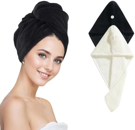 Microfiber Hair Towel Wrap for Women, 2 Pack Super Absorbent Quick Dry Hair Towels with Button, Soft Hair Turban Towel for Curly & Long Hair (Black and White) by SURPRISEPIE