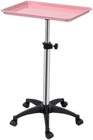 Salon Rolling Tray, Height Adjustable Tattoo Tray Rolling Cart, Storage Utility Trolley for Spa, Beauty Salon Service, Hairdresser Cart with Wheels, Black (Pink) by Roixeeds