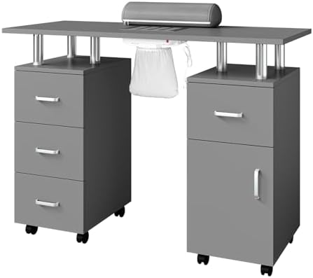Manicure Table for Nail Tech, Nail Desk Table Station with Electric Dust Collector Side Cabinet 4 Drawers and Wrist Rest, Beauty Salon Nail Supplies Decor Workstation, Grey by Unknown