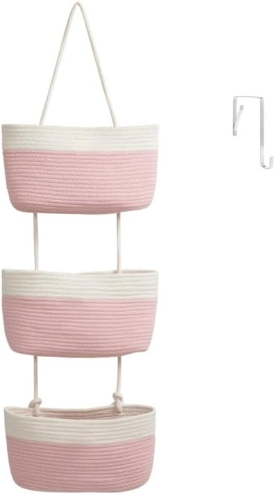 TeoKJ Over the Door Hanging Storage Basket 3 Tier Wall Organizer White&Pink by TeoKJ