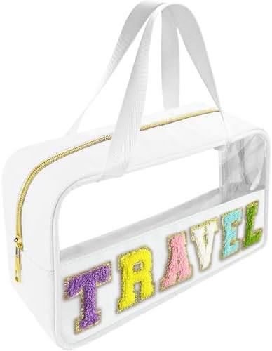 Bunliuys Chenille Letter Clear Makeup Bag Travel Patch, Travel Toiletry Makeup Bag with Handle, Nylon Waterproof Makeup Bags clear cosmetic bag, preppy patch makeup bag for Women (TRAVEL-White) by Bunliuys