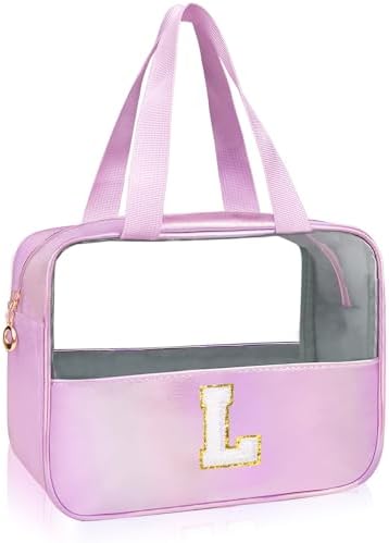 Personalized Initial L Clear Purple Makeup Bag - Large Travel Toiletry Bag, Cute Cosmetic Organizer Set for Girlfriend, Teacher, Teen Girl Gifts by junesters