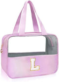 Personalized Initial L Clear Purple Makeup Bag - Large Travel Toiletry Bag, Cute Cosmetic Organizer Set for Girlfriend, Teacher, Teen Girl Gifts by junesters