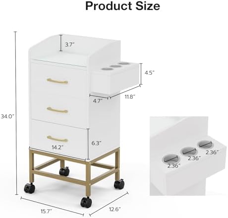 Salon Station for Hair Stylist, White Beauty Barber Storage Systems on 4 Lockable Wheels, Modern Salon Workstation, Rolling Beauty Cabinet Cart with 3 Drawers and 3 Hair Dryer Holders - Image 2