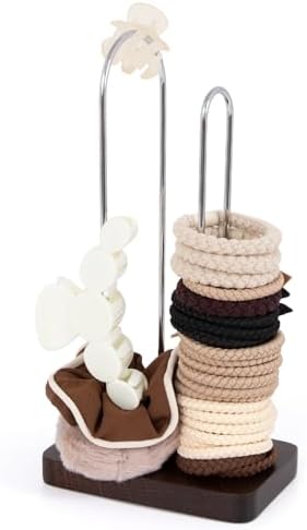 SCUNDA Scrunchine Holder Stand, 2 Tier Hair Tie Tower Hold 50~70 Scrunchies,Claw Clip Holder, Modern Fashion Hair Ties Organizer Storage for Girls, Women, Display(Walnut Color) by SCUNDAHOME