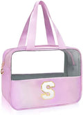 Personalized Initial S Clear Purple Makeup Bag - Large Travel Toiletry Bag, Cute Cosmetic Organizer Set for Girlfriend, Teacher, Teen Girl Gifts by junesters