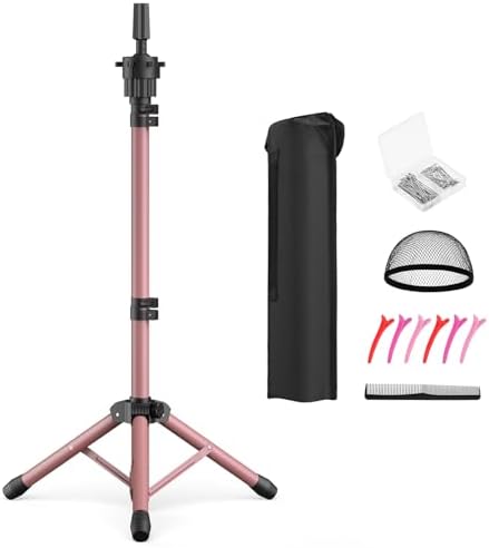 Wig Head Stand 50 Inches, Height Adjustable Tripod Wig Stand, Salon Mannequin Head Stand with Anti-Slip Base for Styling, Display Barber Training, Beauty School (Pink) by Unknown