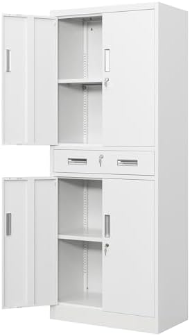 Wanfu Metal Storage Cabinet, 71" H x 28" W x 16" D Locking Storage Cabinet with 2 Adjustable Shelves and 1 Drawer for Office, Garage, Home, School, Utility(White) by Wanfu
