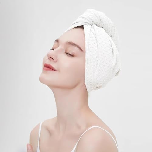 MaopaoBeauty Hair Towel Wrap for Women Long&Thick Hairs Head Wrap 1Pack Super Absorbent Hair Drying White Waffle Bath Towels for Curly Quick Dry Hair Drying Towels with Button by BESTCHOICEFORYOU%EF%BC%81