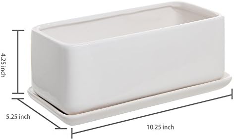 MyGift 10 Inch Modern Unglazed White Ceramic Indoor Plant Pot with Drainage Hole, Rectangular Succulent Planter Window Box with Removable Saucer, 1 Pack - Image 6